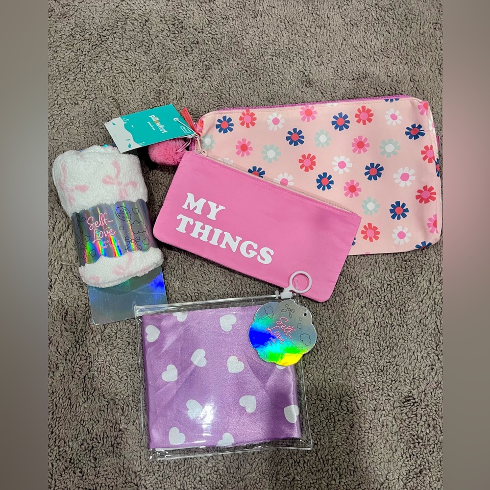 Bath and beauty bundle - hair towel, storage pouches and satin feel pillowcase